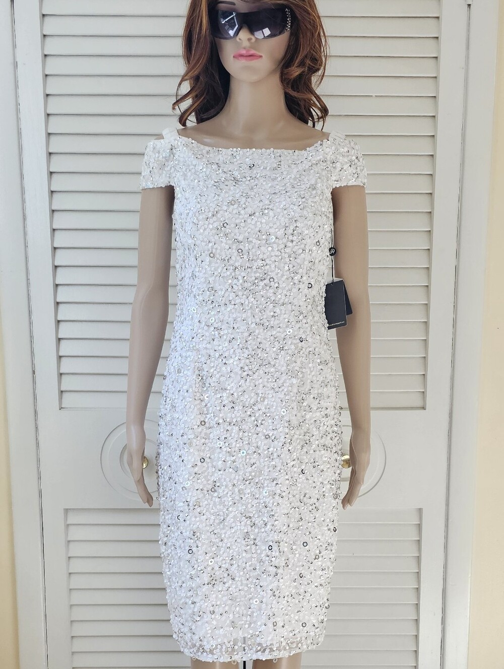 White Sequin Cold Shoulder Midi Dress